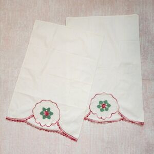 Vintage Embroidered Pillowcases Set of 2 White Pink Flower Floral Crochet Trim